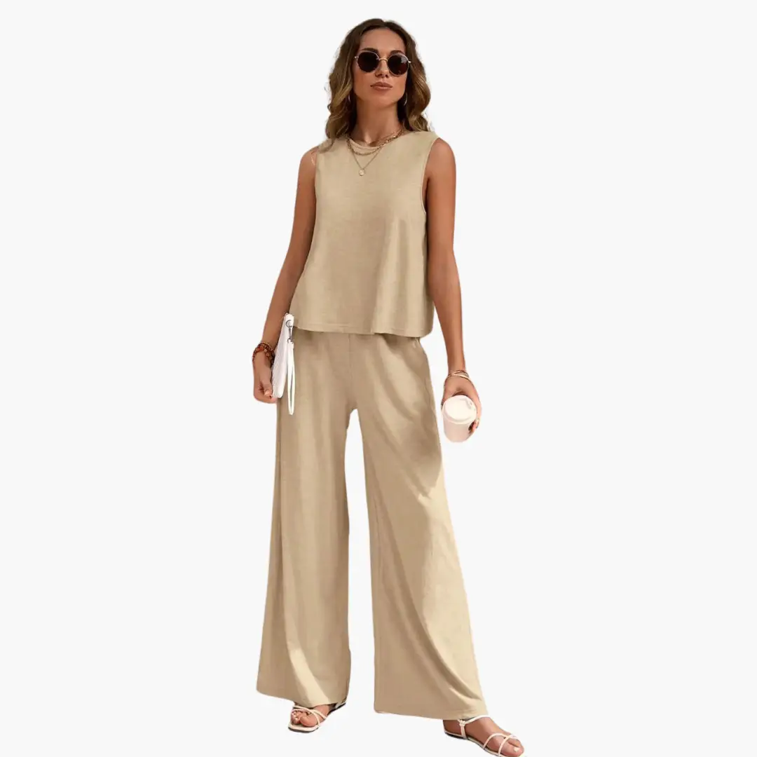 Two-piece women's outfit set in beige linen-look fabric by Wilfred Smith