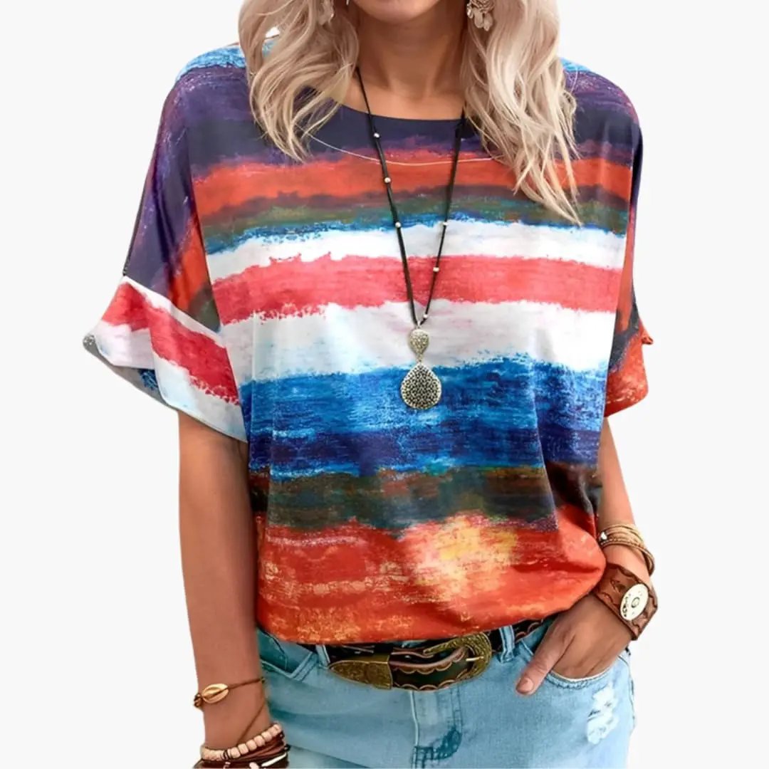 Women's classic crew neck short sleeve T-shirt in multicolor watercolor stripe pattern.