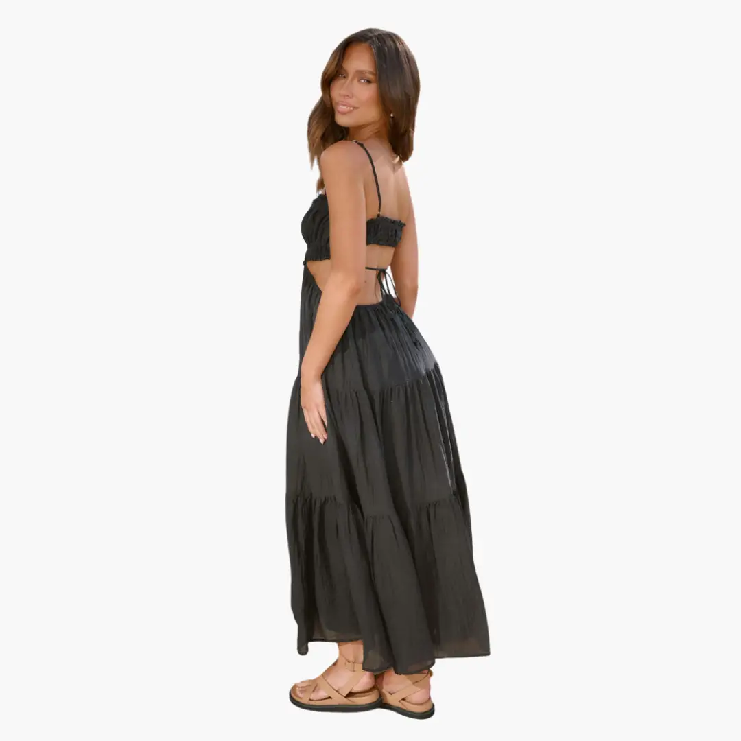 Maxi dress for women, black boho style with tie-back top and tiered skirt