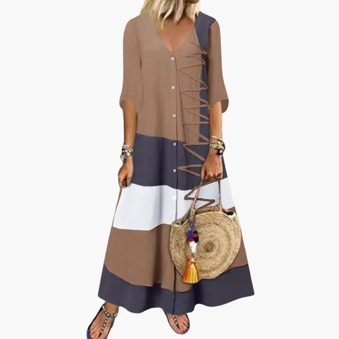 Long knit maxi dress for women by Wilfred Smith in tan and navy color blocks with V-neck and side lace-up.
