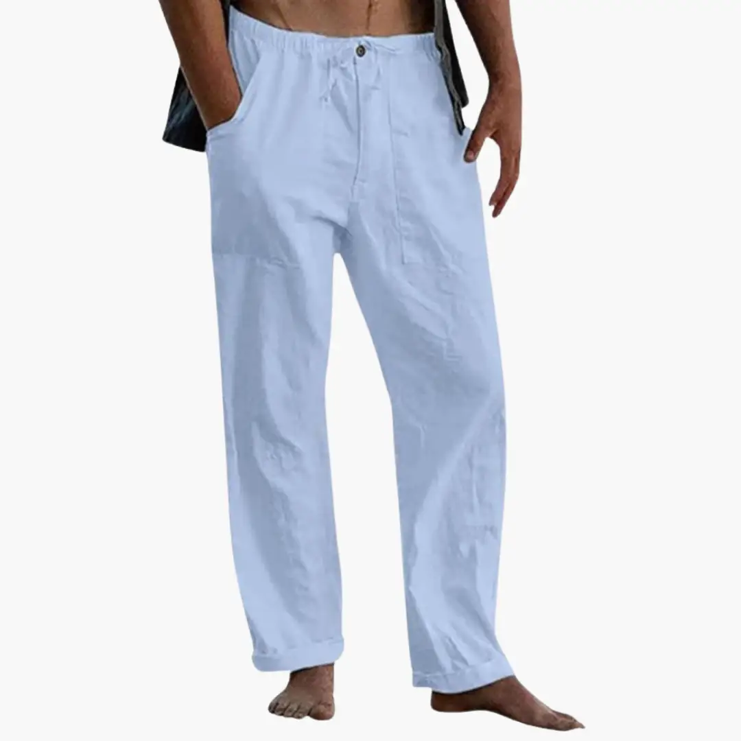 Leisure pants for men by Wilfred Smith, light blue relaxed-fit trousers with a comfortable waistband.