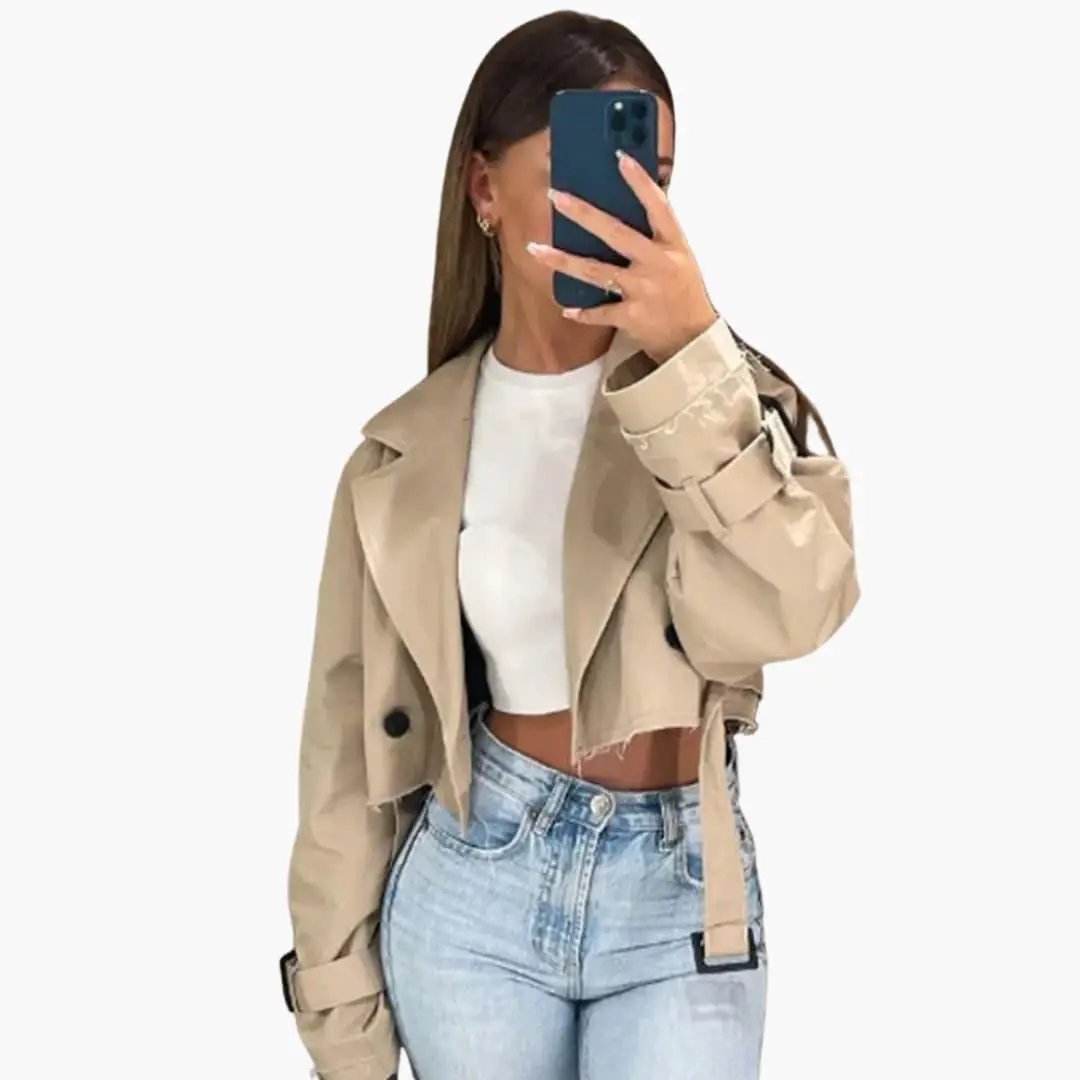 Belt Loop Trench Coat for Women, beige cropped trench with belt loops worn by model