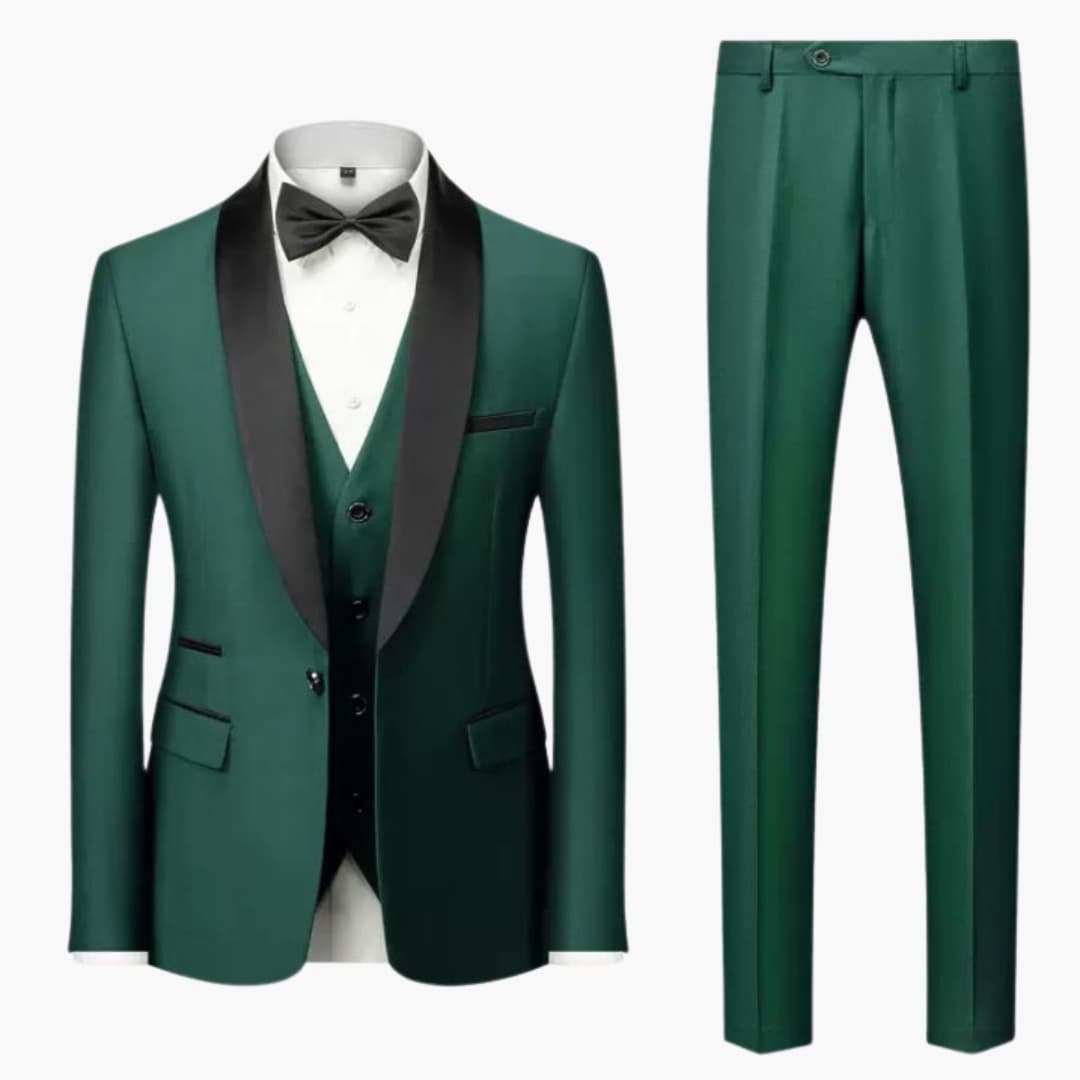 Men's three-piece suit set by Wilfred Smith in emerald green with black shawl collar, vest, and pants