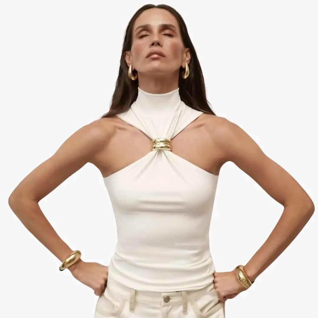 Chic high-neck halter top for women in white with gold ring accent by Wilfred Smith