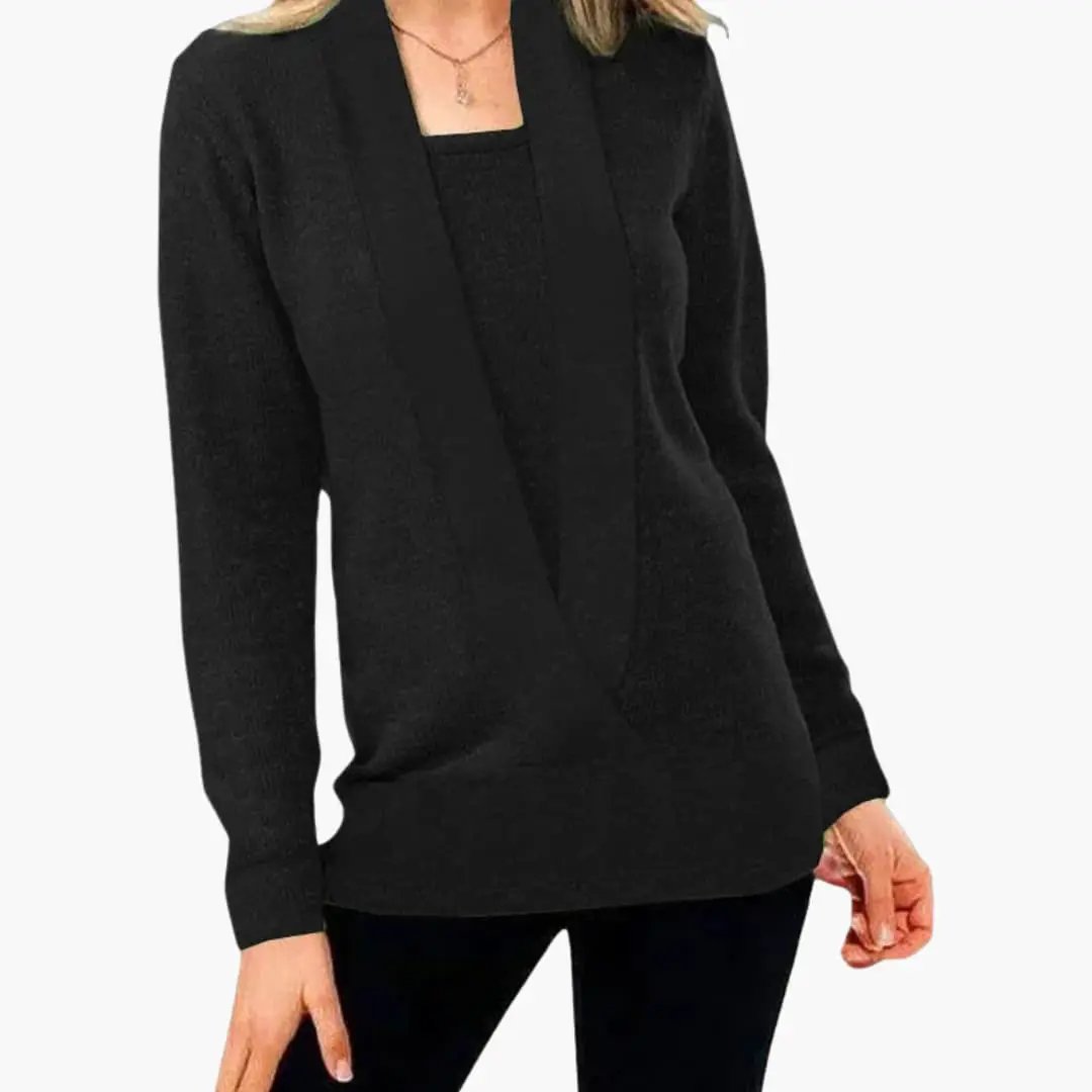 Women's black knit sweater with a deep V-neck and long sleeves.