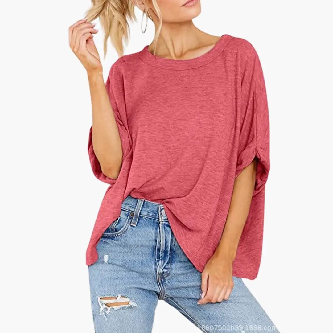 Women’s Oversized Crew Neck Rolled Sleeve T-Shirt in pink with rolled sleeves and front knot