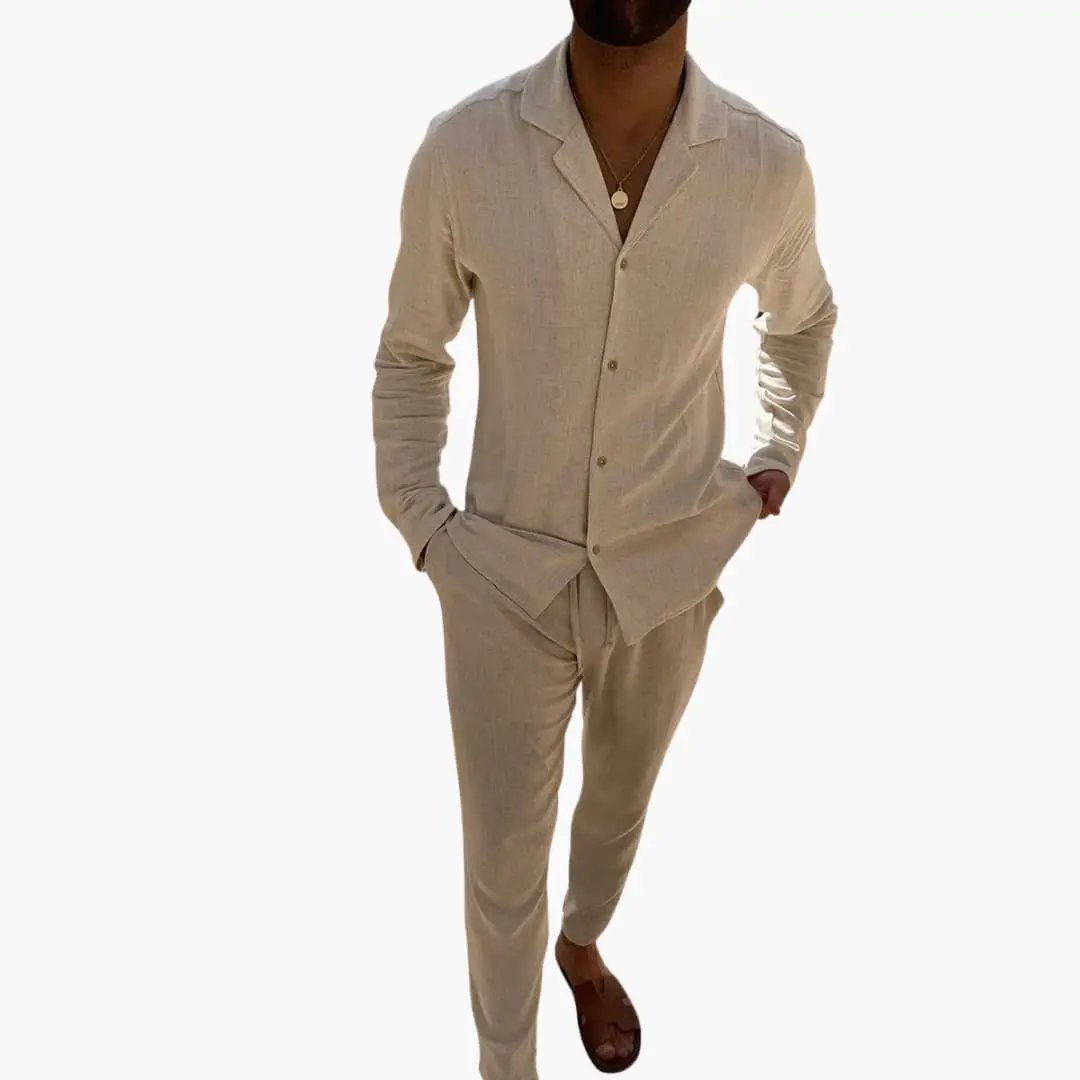 Men's two-piece beige linen set with long-sleeve shirt and pants by Wilfred Smith
