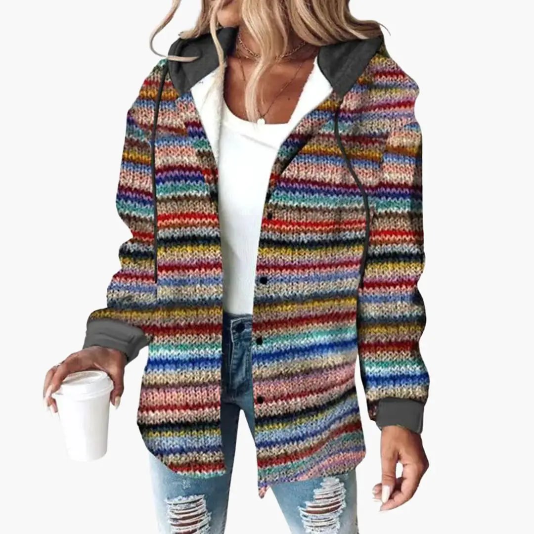 Women’s Hooded Cardigan with Striped Knit in multicolor stripes, worn by model