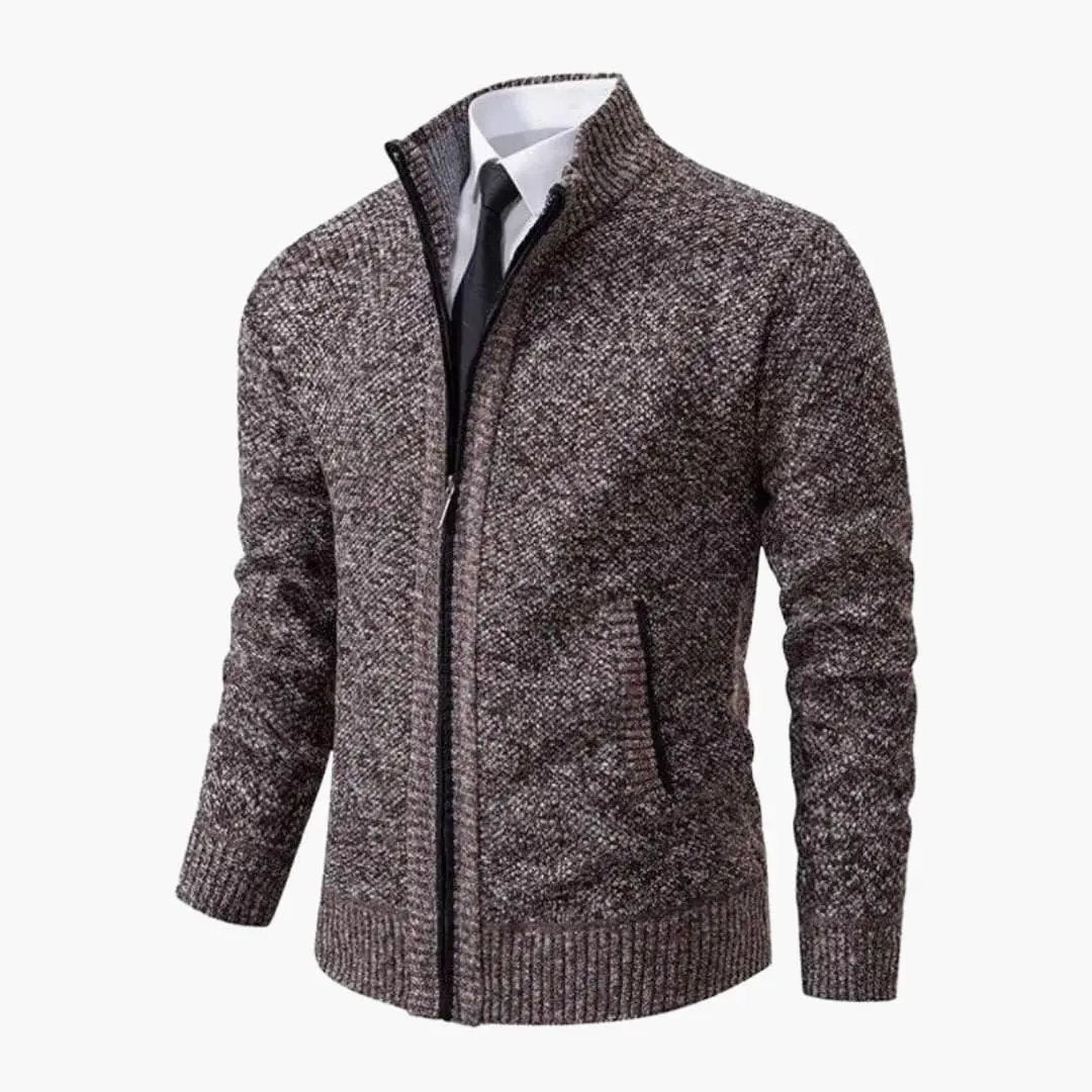 Men’s knit jacket with zipper and ribbed collar in brown heather, zippered pockets