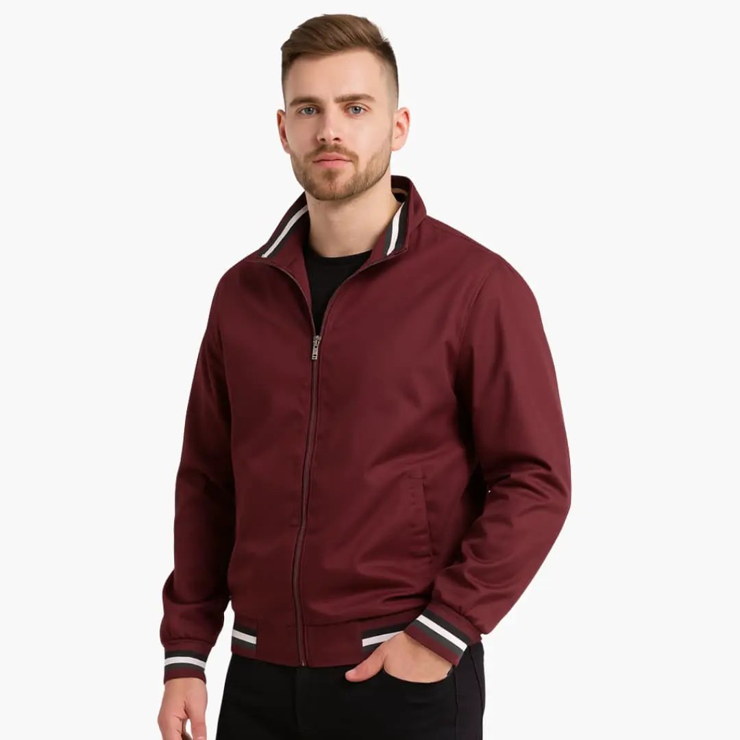 Men's bomber jacket with zipper and striped cuffs and hem in burgundy by Wilfred Smith