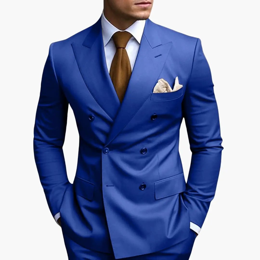 Men's blue Wilfred Smith suit, double-breasted with notched lapels and beige pocket square.
