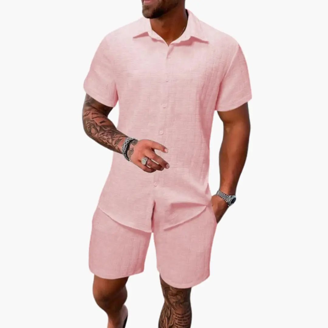 Men's two-piece cotton-blend jacquard set in pink with a short-sleeve shirt and shorts