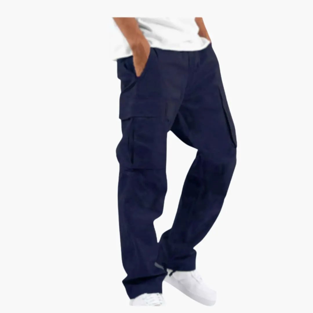 Men’s navy cargo pants with wide legs and cargo pockets