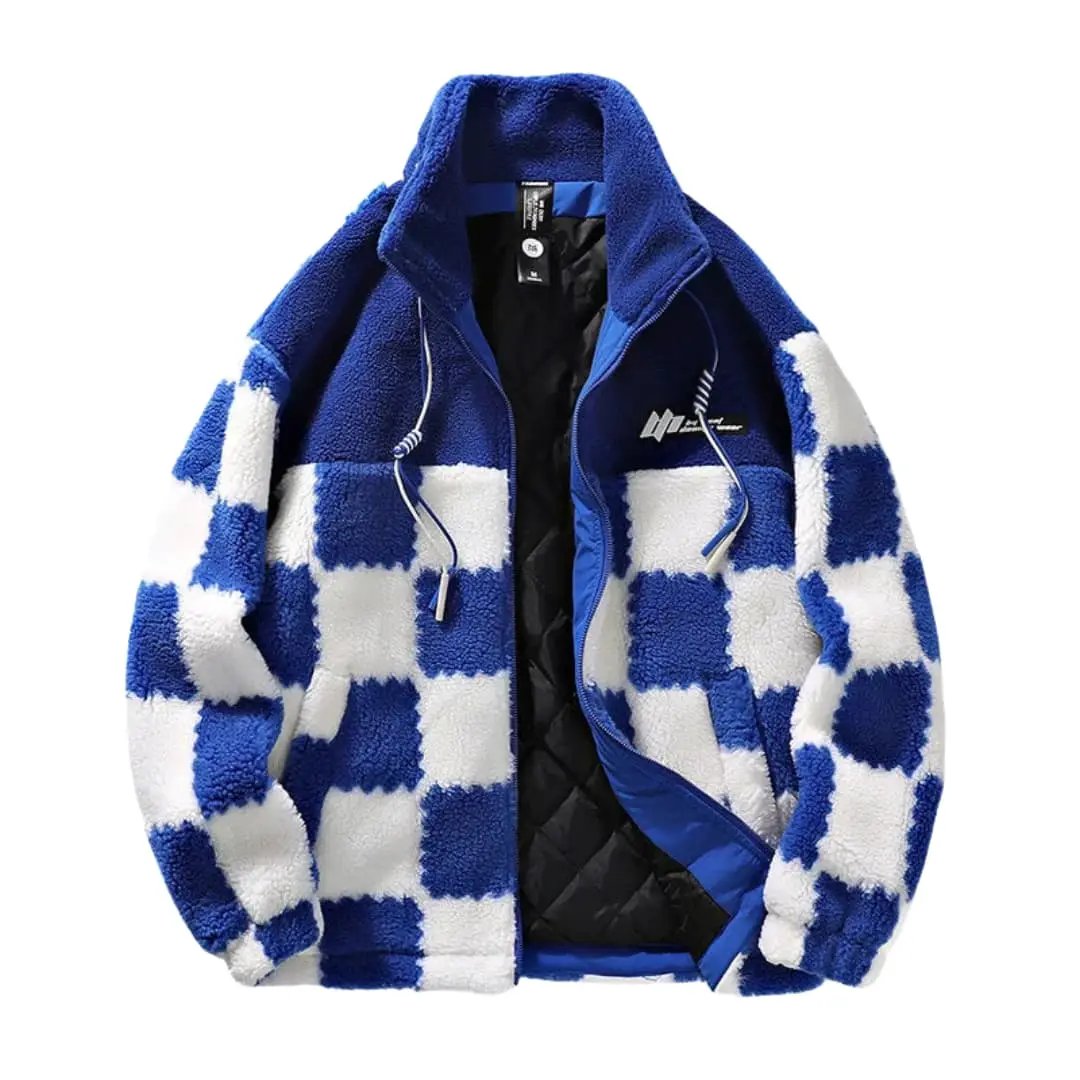 Men's jacket by Wilfred Smith, blue and white checkered fleece with zipper, black quilted lining and blue trim.