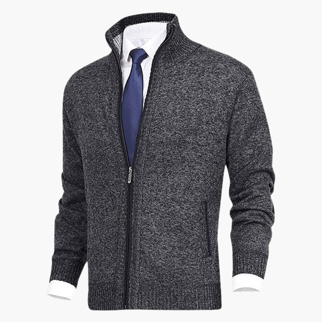 Men's zip cardigan with stand-up collar in dark gray marled knit, Wilfred Smith