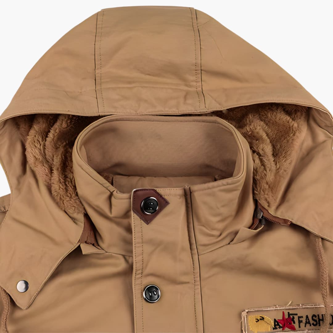 Men's tan winter jacket with a fur-lined hood and multiple pockets.