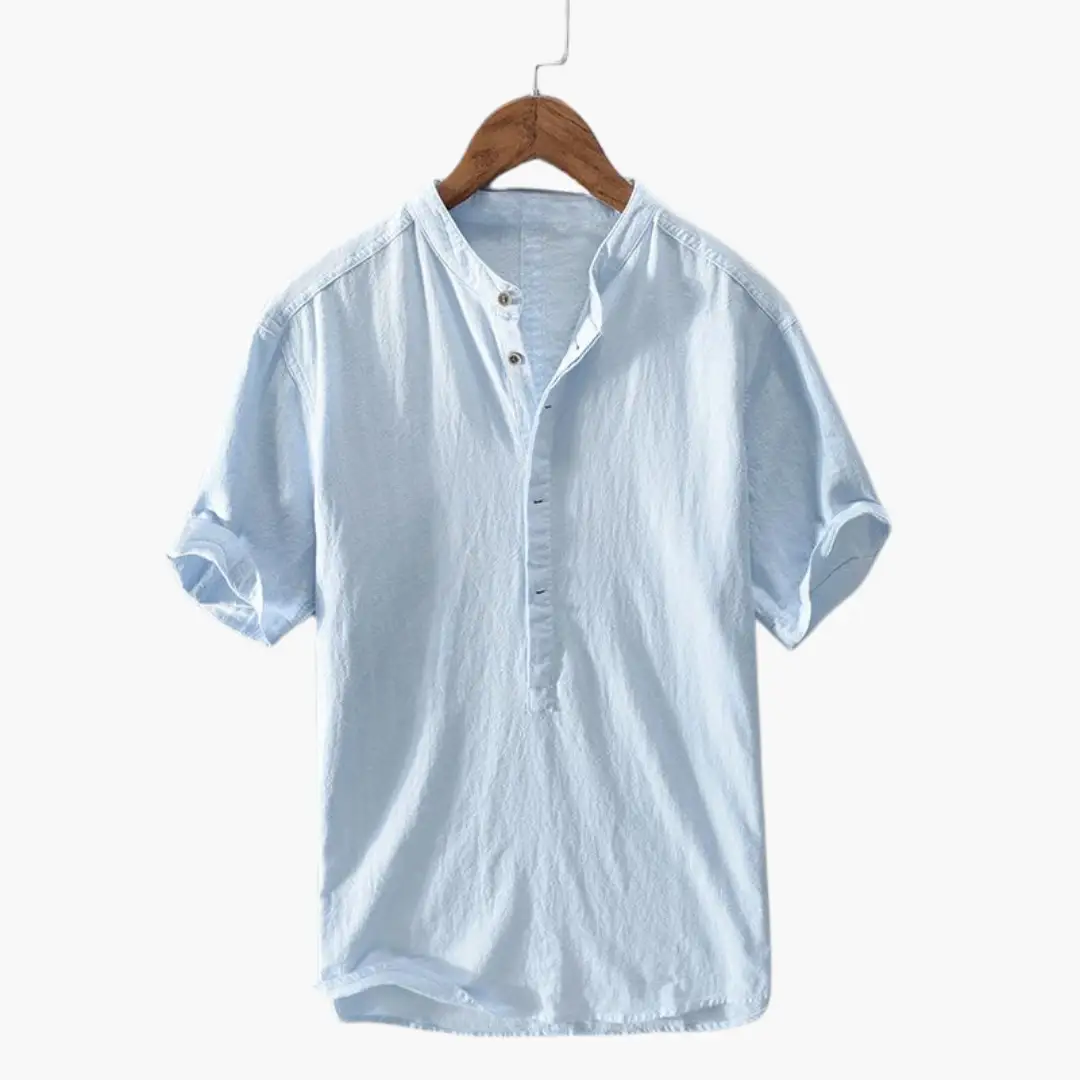 Light blue Wilfred Smith men's short-sleeve shirt with stand-up collar