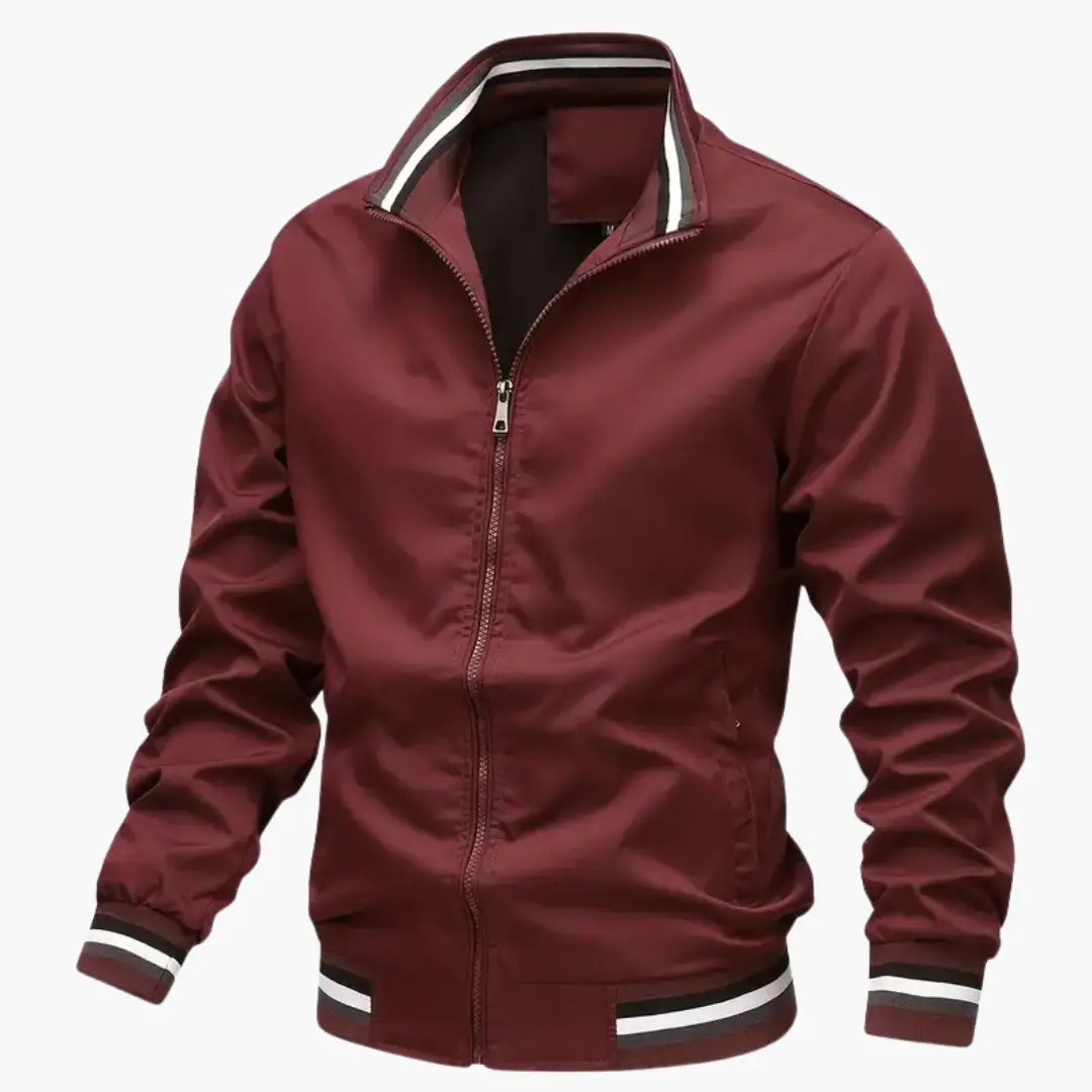 Men's bomber jacket burgundy with ribbed cuffs and hem by Wilfred Smith, front zipper