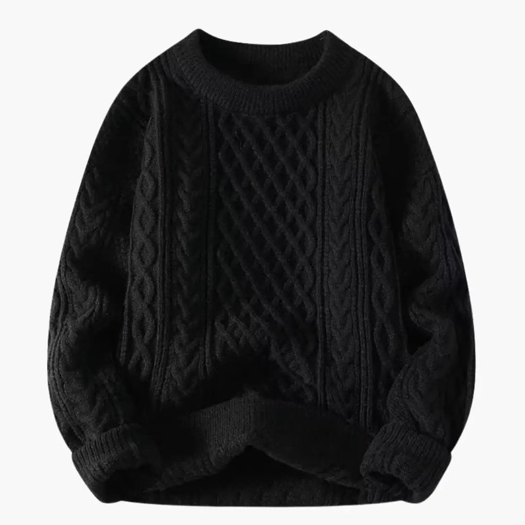 Women's black round-neck cable-knit sweater with ribbed cuffs.