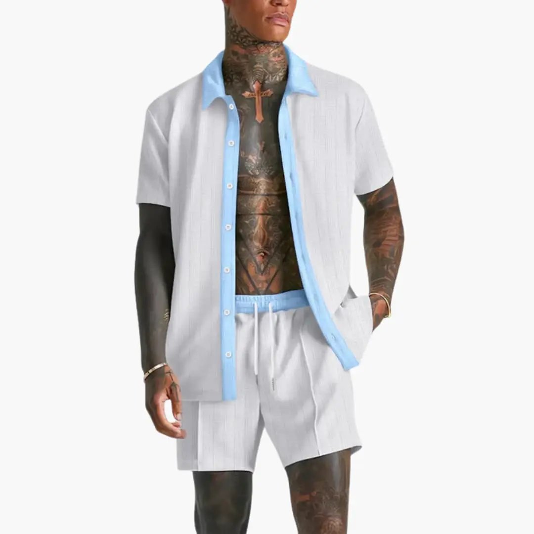 Men's summer two-piece set by Wilfred Smith: light gray short-sleeve shirt with blue trim and drawstring shorts