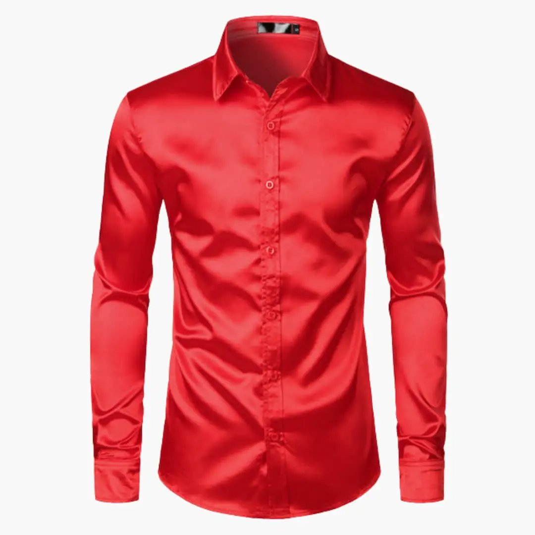 Light shirt for men by Wilfred Smith in red satin, long-sleeve button-up