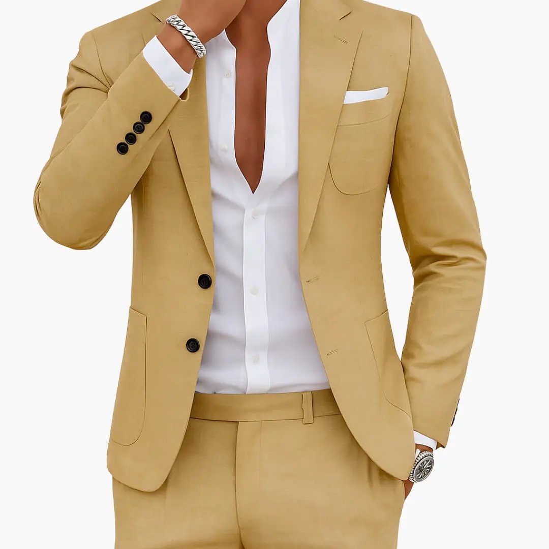 Men's tan blazer and matching pants suit set with white dress shirt visible