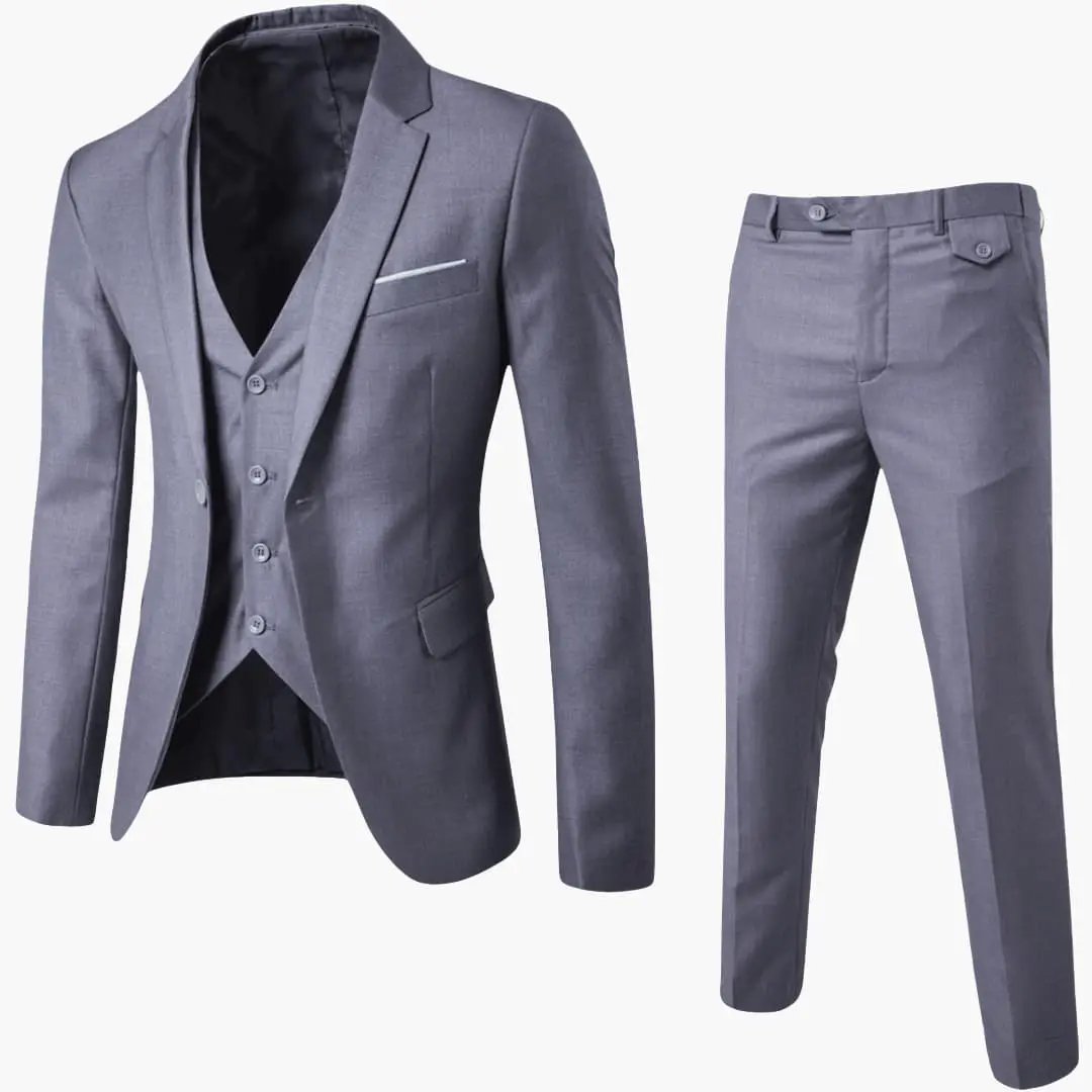 Three-piece men's suit set in light gray with jacket, vest, and trousers