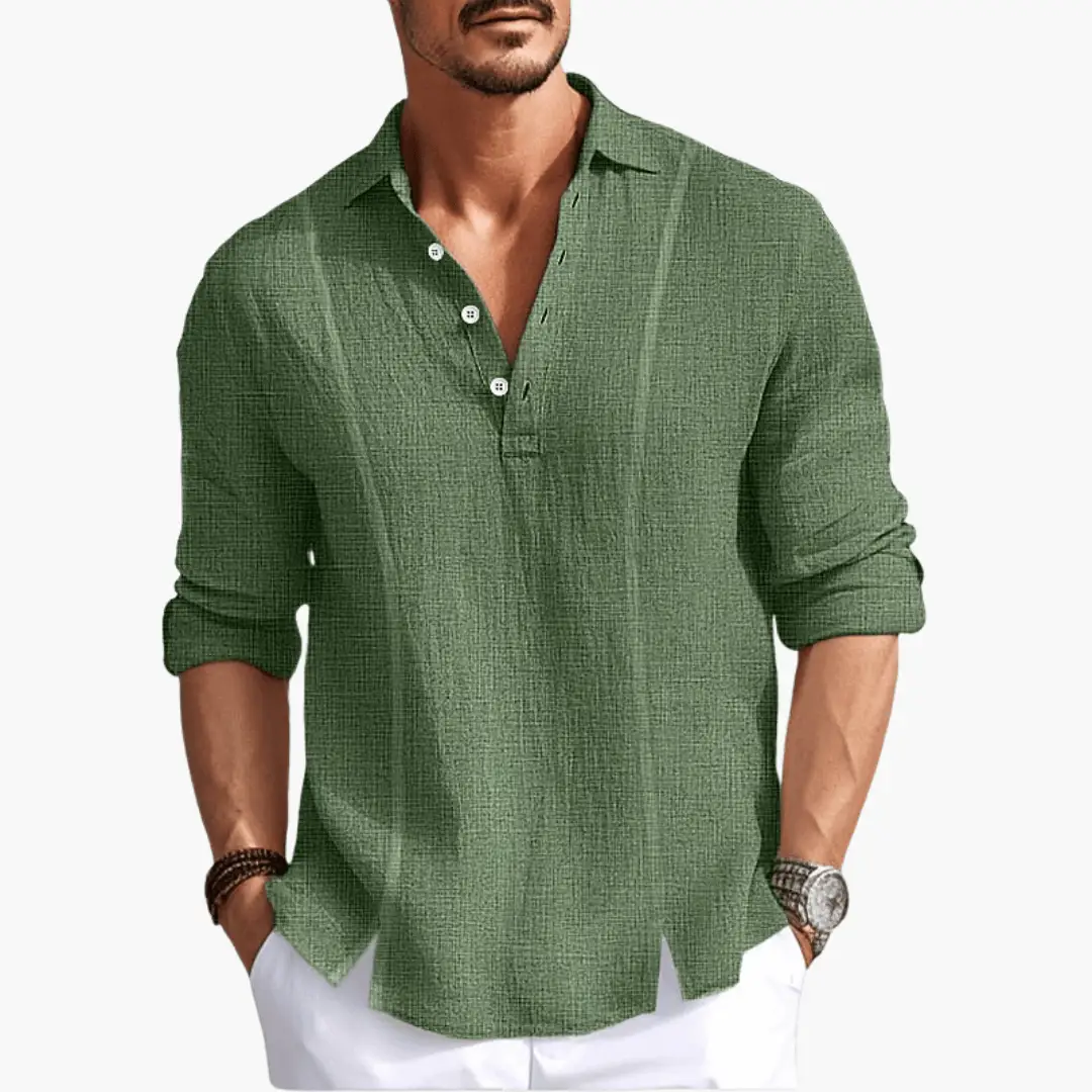Men's green textured long-sleeve casual button-up shirt with rolled cuffs