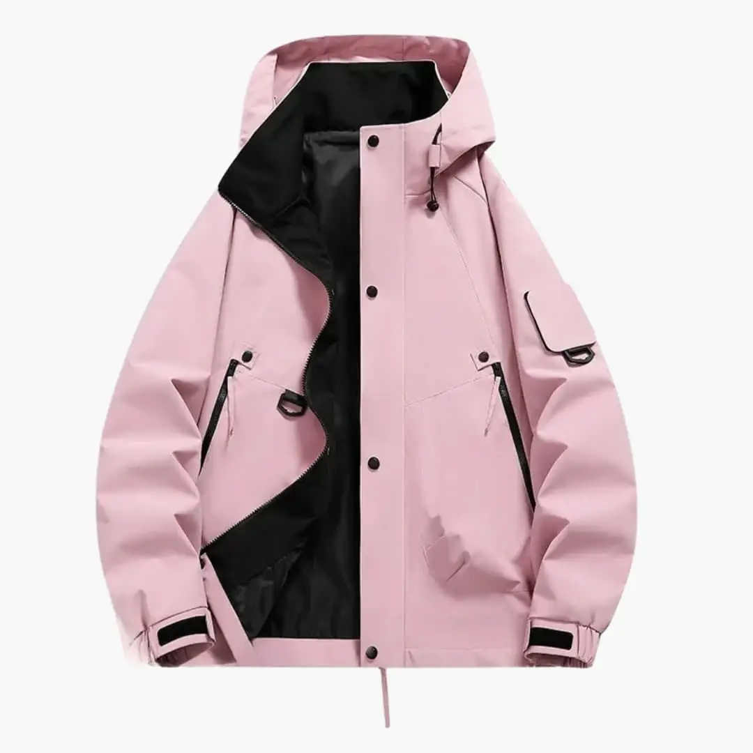 Unisex hooded jacket pink with black lining, zippered pockets, Wilfred Smith