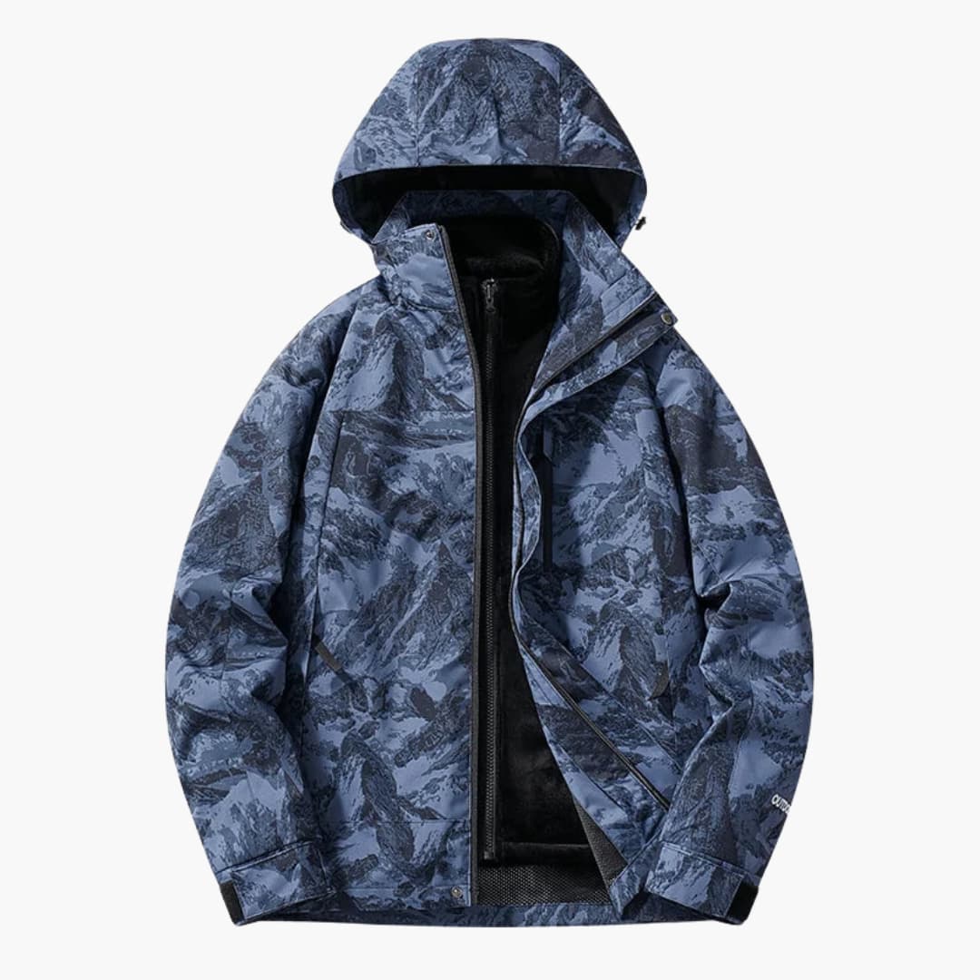 Unisex ski jacket in blue camouflage with hood and zippered pockets