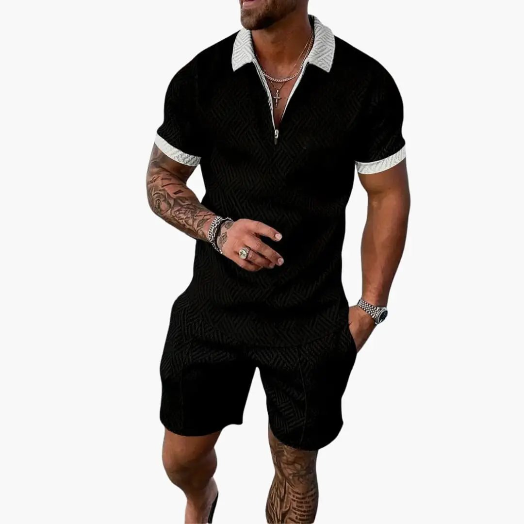 Men's Summer Two-Piece Zipper Shorts Set by Wilfred Smith; black with white collar and cuffs for leisure travel