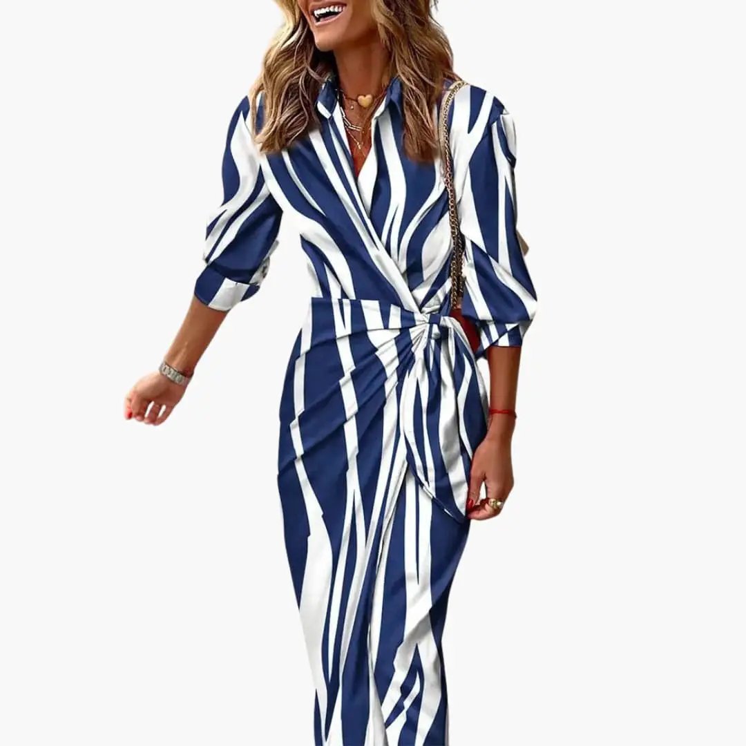 Striped cotton maxi shirt dress with wrap waist in navy and white