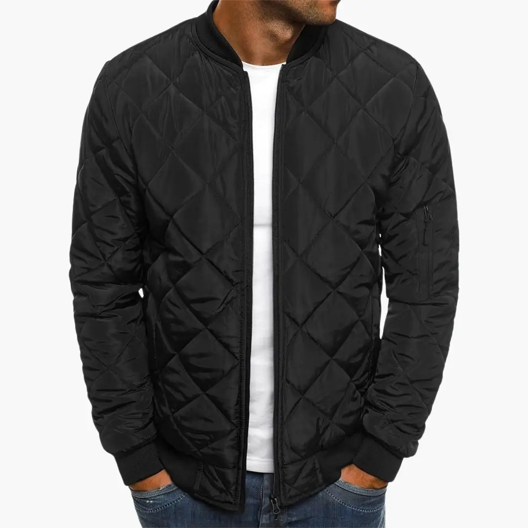 Men's quilted bomber jacket by Wilfred Smith, black with front zipper and arm pocket.