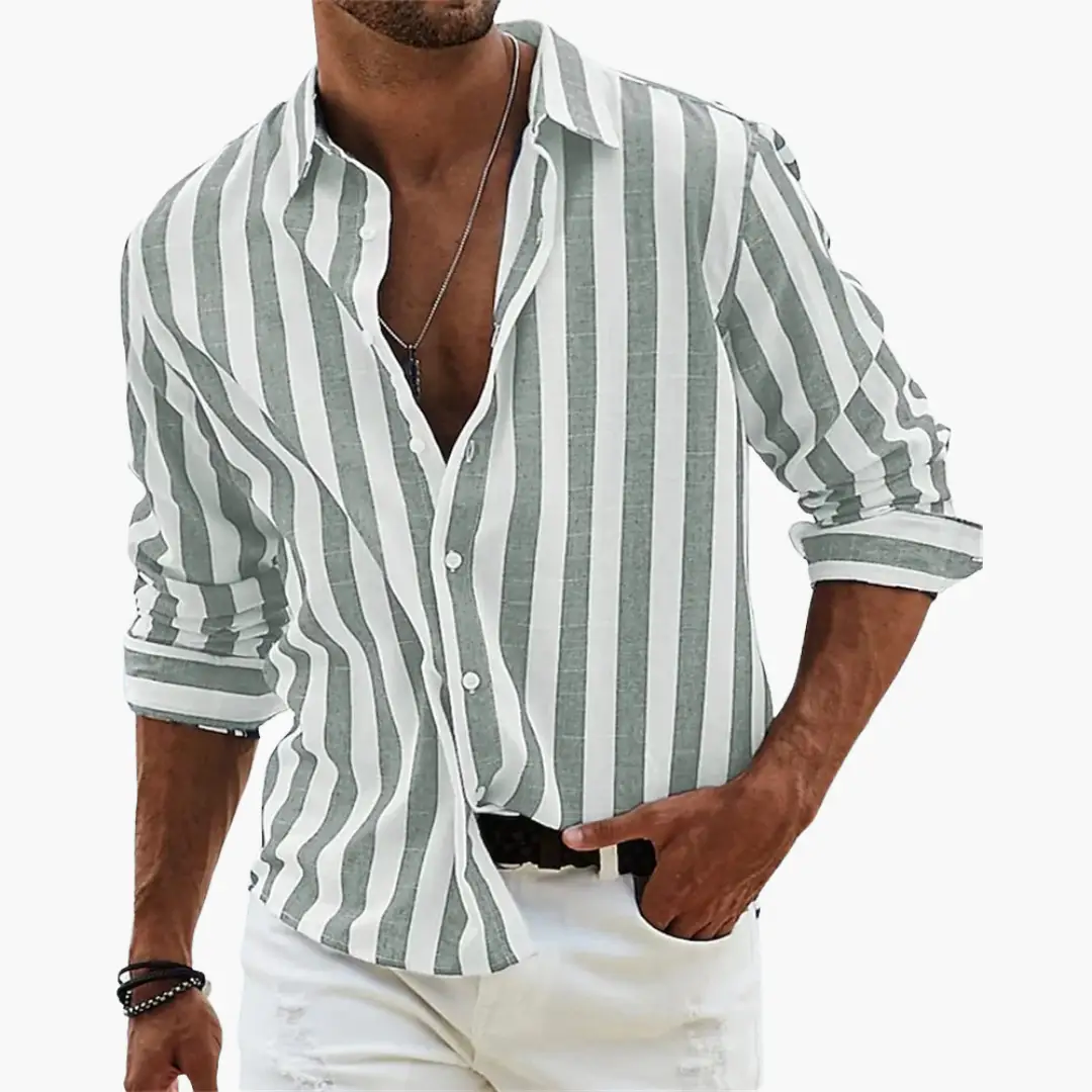 Striped linen shirt for men, green and white, lightweight casual with button placket