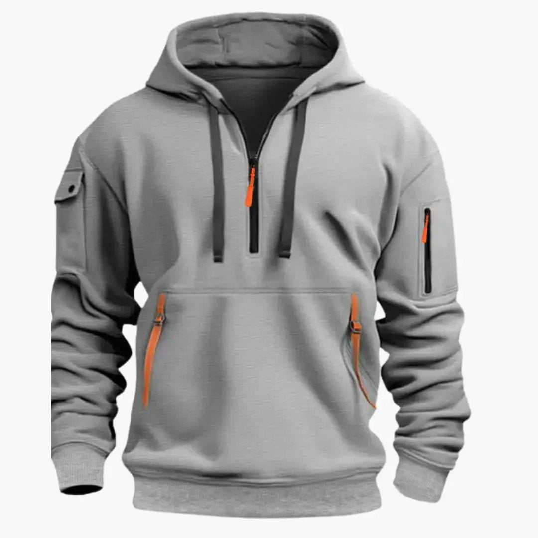 Men’s hoodie in light gray with orange zippers, adjustable hood and zip pockets