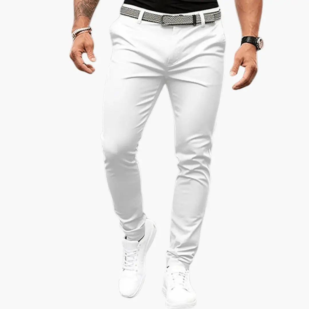 Men’s Business Pants in white with a defined fit and waistband by Wilfred Smith