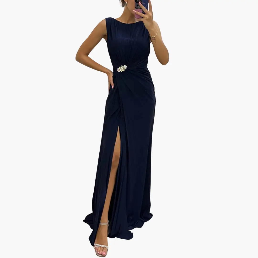 Pleated navy Maxi Dress with Slit and waist brooch detail, elegant eveningwear