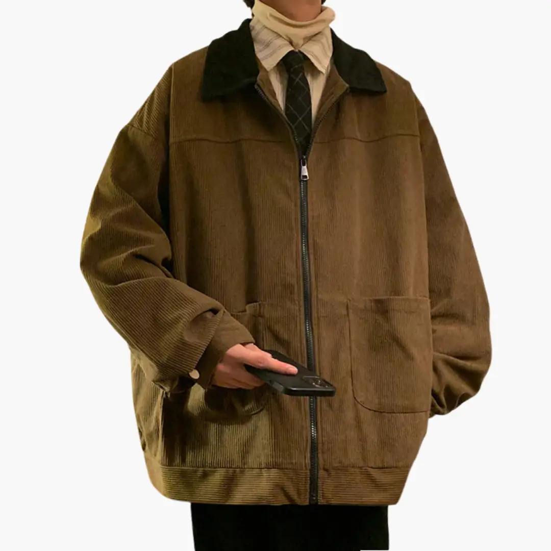 Men's corduroy bomber jacket with zipper and front pockets in brown