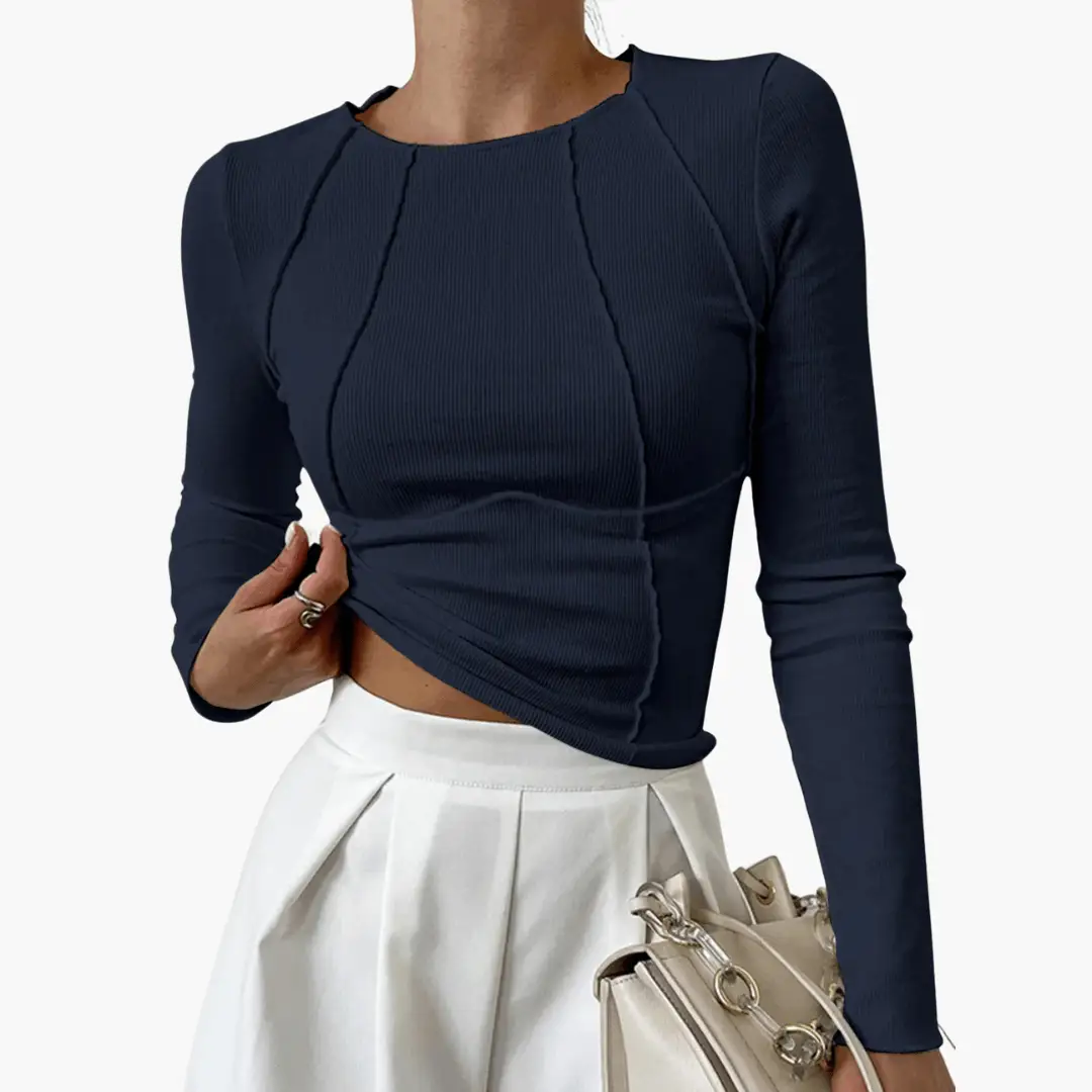 Women's Ribbed Long Sleeve Top in navy with twist-front knot detail
