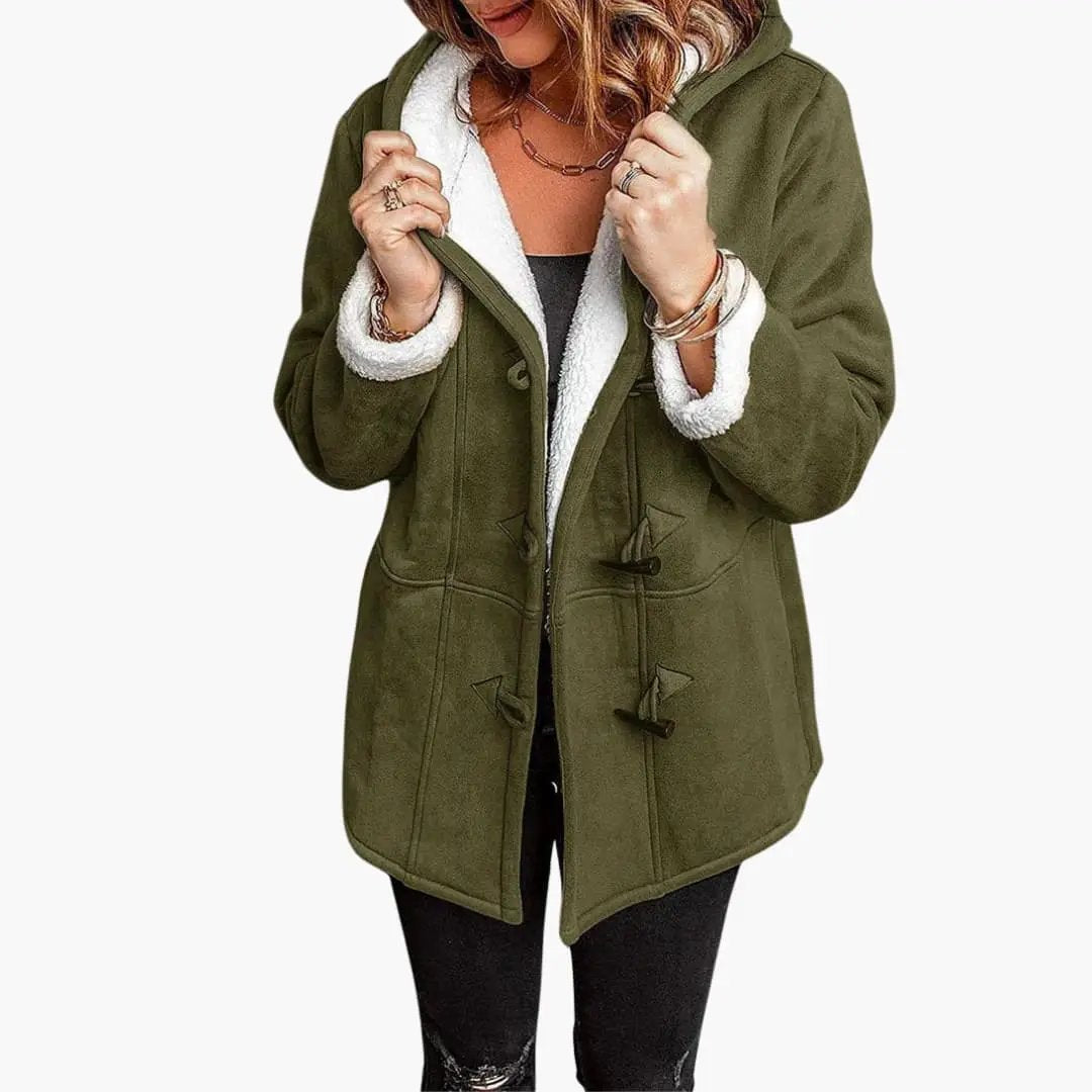 Women's olive green hooded duffle jacket with white sherpa lining and toggle closures