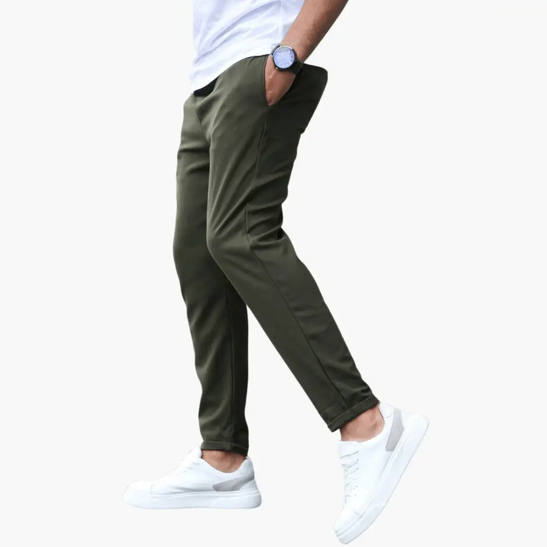 Men's stretch trousers in olive green with slim legs and waistband