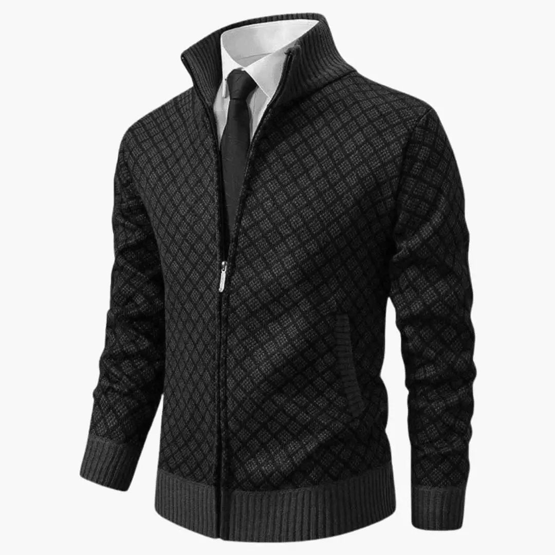 Men's tailored sport jacket with lapel, black quilted pattern, zip front, ribbed collar and cuffs