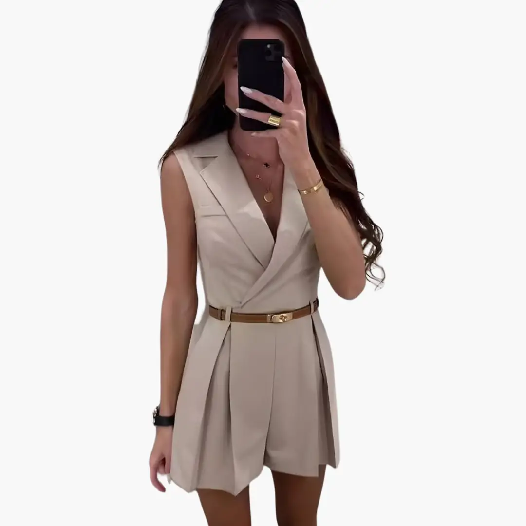 Jumpsuit for women Rosie sleeveless wrap-style in beige with a gold belt by Wilfred Smith.