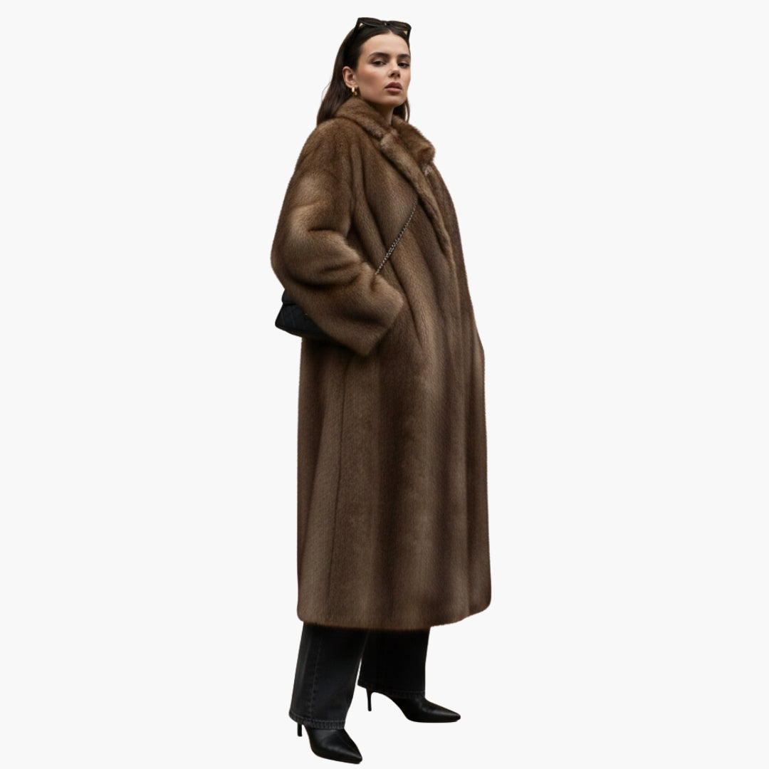 Women's long brown fur coat with stand-up collar and long sleeves