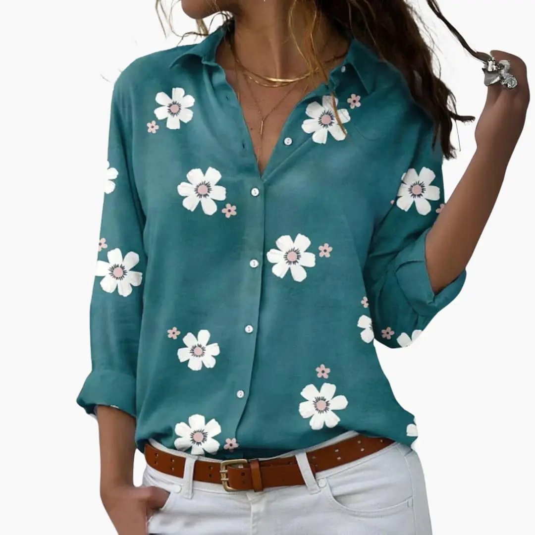 Teal floral blouse with white daisies and pink centers, rolled sleeves, women's summer top