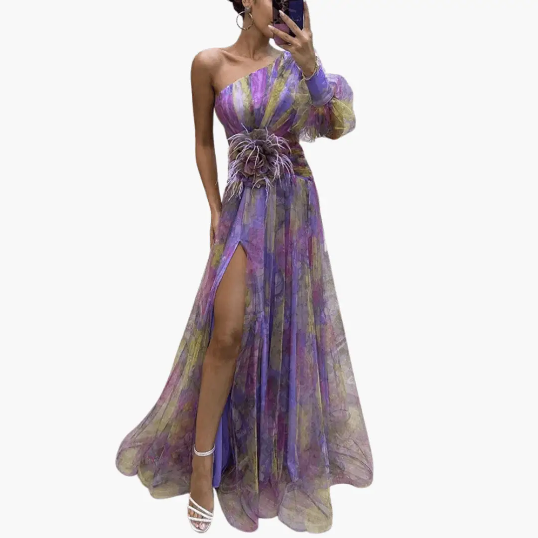 Elegant party dress by Wilfred Smith, purple lilac one-shoulder gown with sheer overlay, floral waist accent and high slit