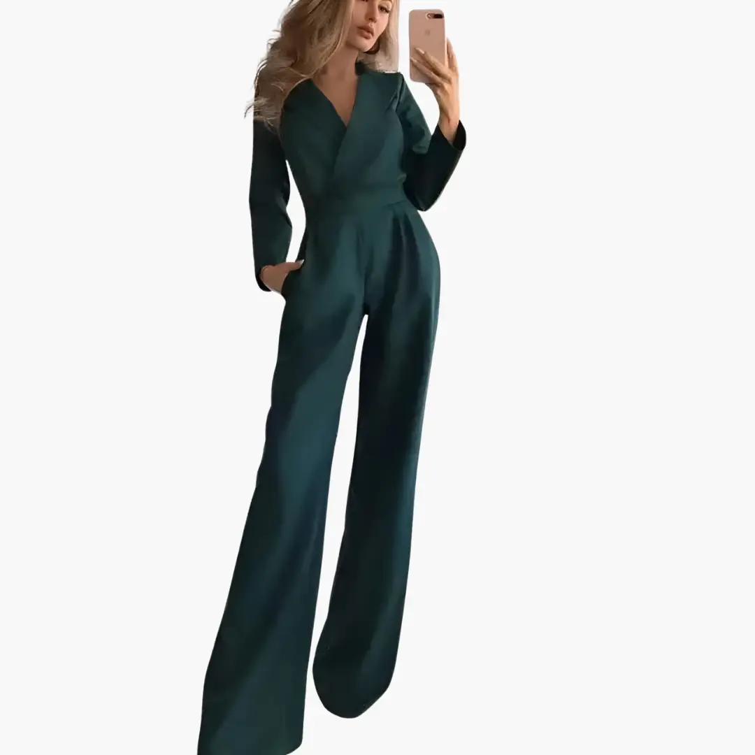 Women's jumpsuit in teal with V-neck, full-length wide-leg one-piece