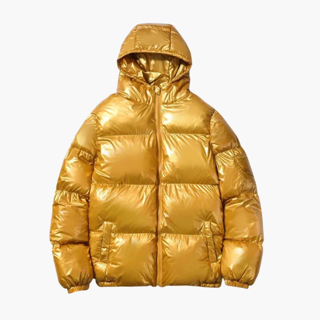 Gold metallic hooded puffer jacket, women's by Wilfred Smith