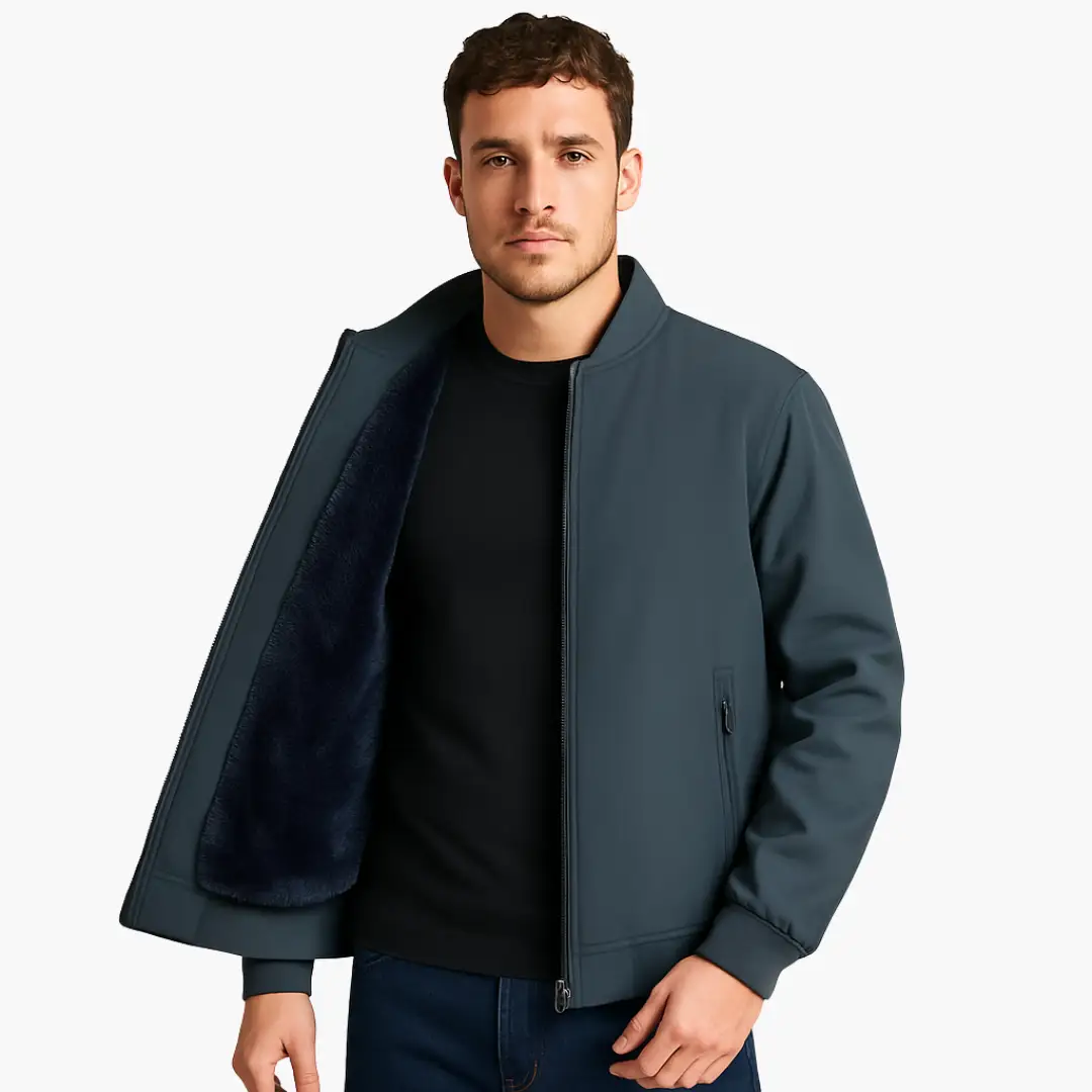 Men's bomber jacket with zipper and navy fleece lining, teal outer shell