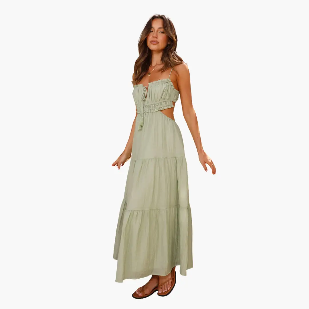 Maxi dress for women in sage green, boho style with tie-front and tiered skirt